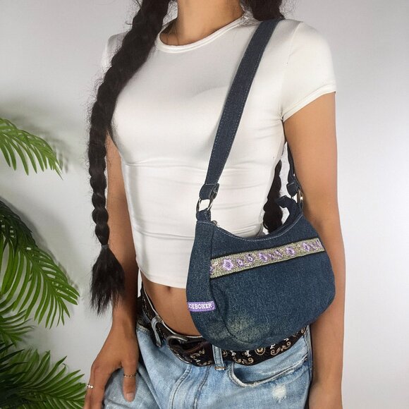 Vintage Y2K Denim Cottagecore Shoulder Bag Floral Embroidered Casual Small Purse - Picture 2 of 7